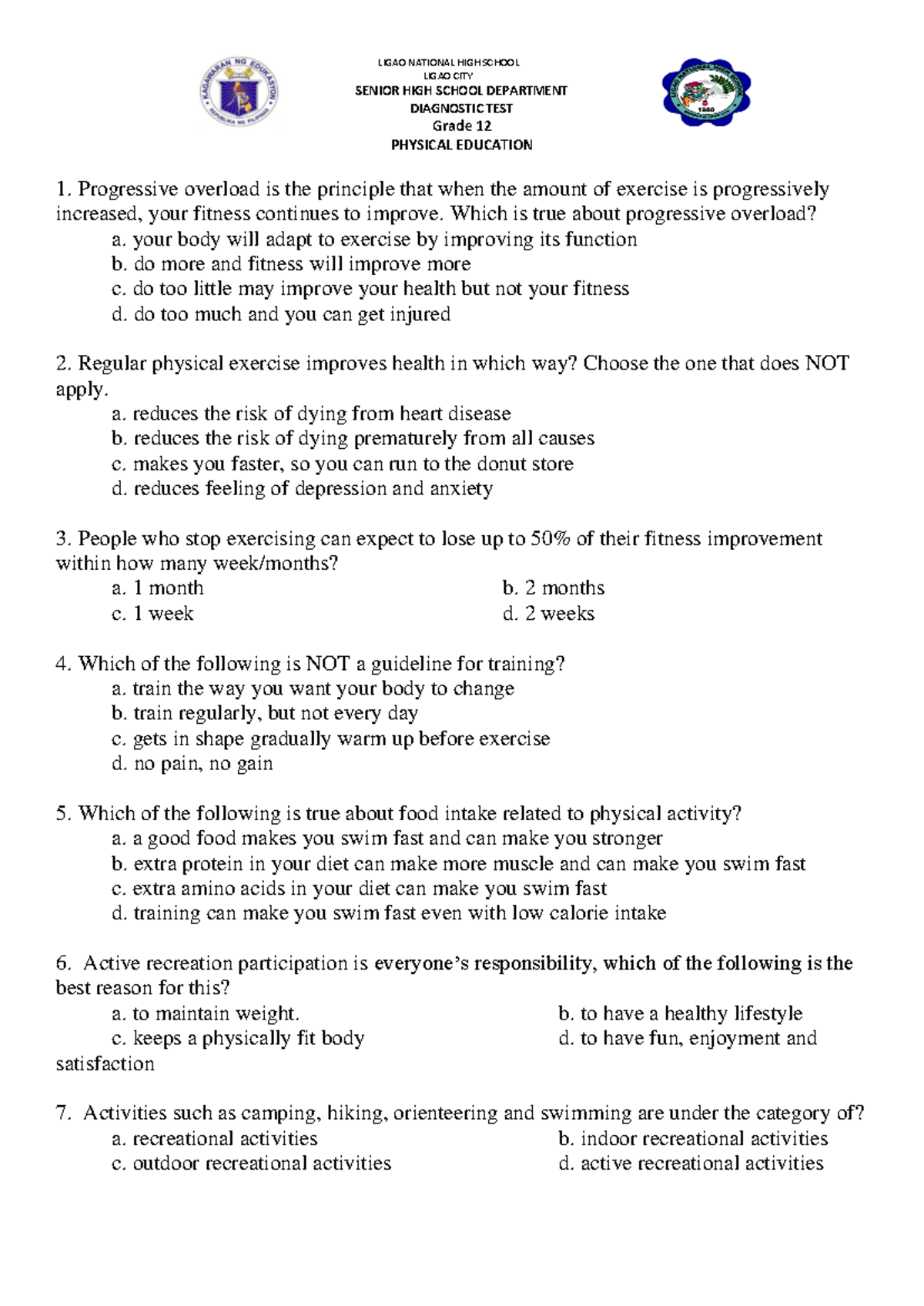 PE-Grade 12 Physical Education Diagnostic Test Questions and Answers ...
