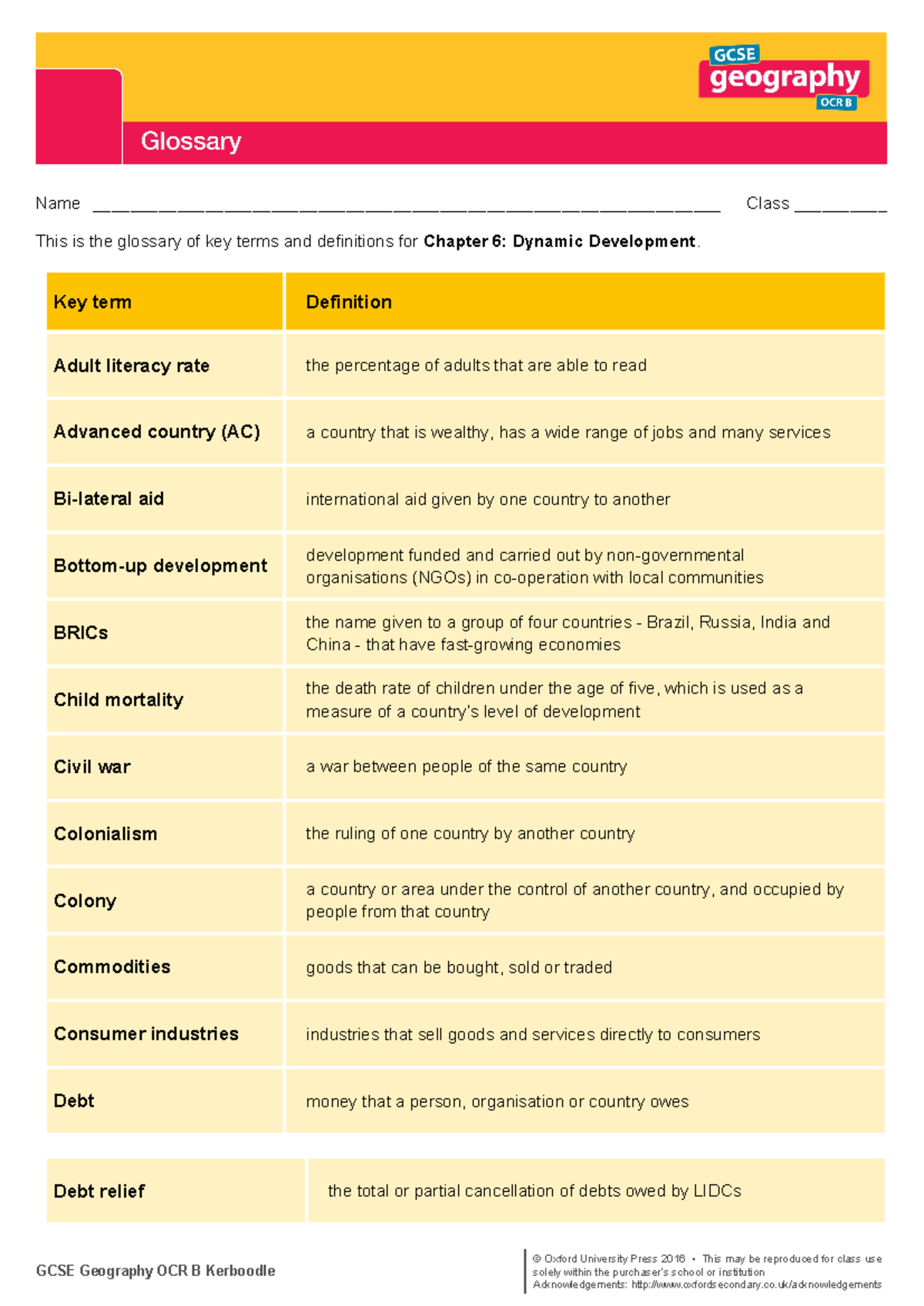 GCSE Geography OCR B: Chapter 6 Dynamic Development Glossary - Studocu