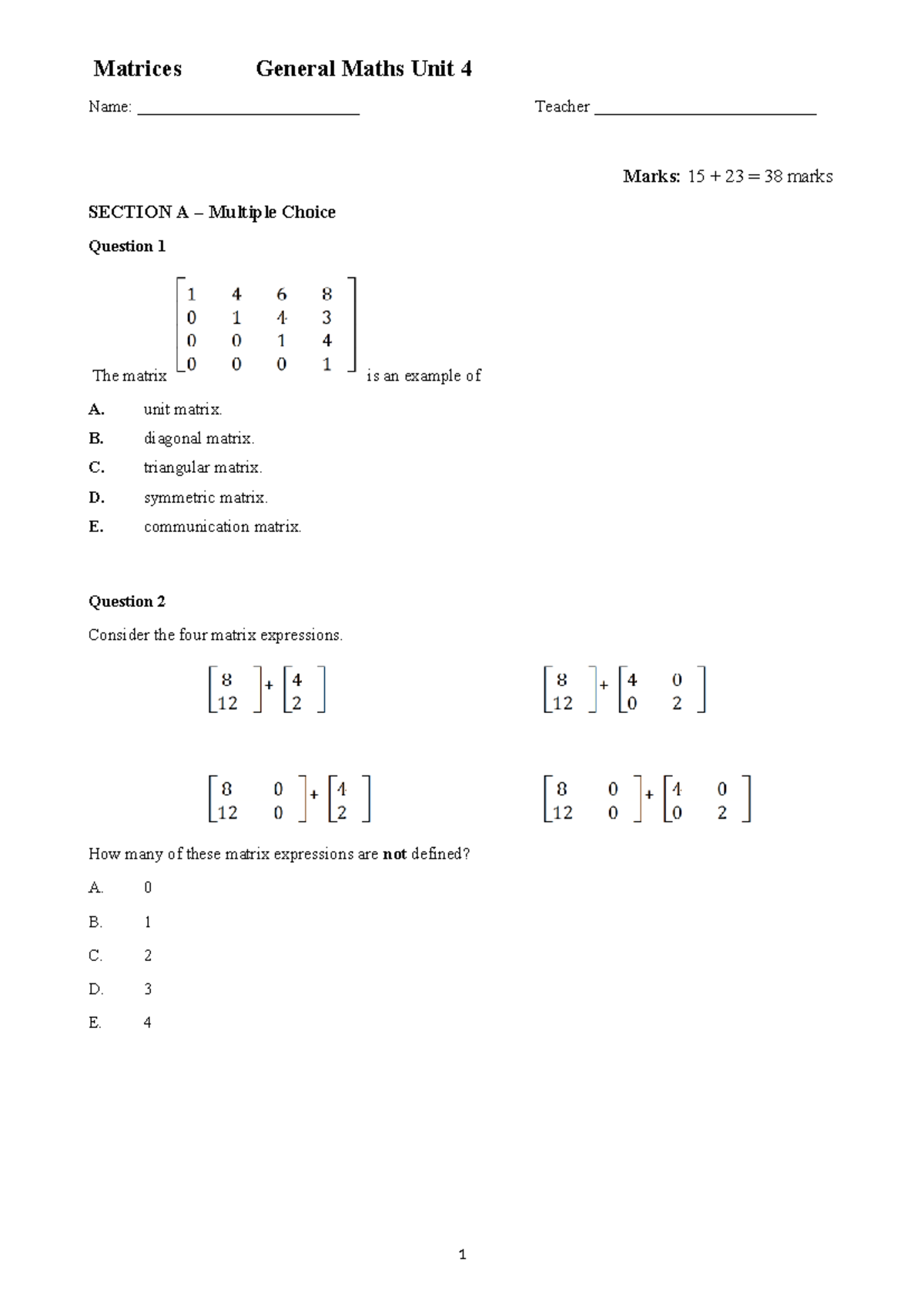 Matrices Practice: General Maths Unit 4 Review and Exercises - Studocu