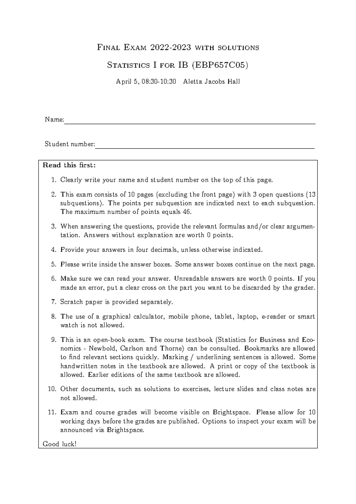 Final Exam Solutions for Statistics I (EBP657C05) - April 2023 ...