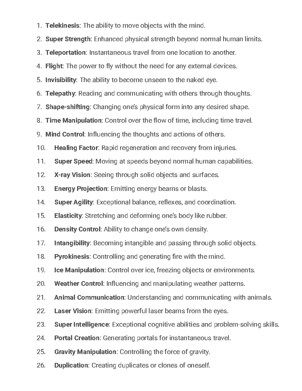 List of 100 Superpowers: Abilities Beyond Human Limits - Studocu