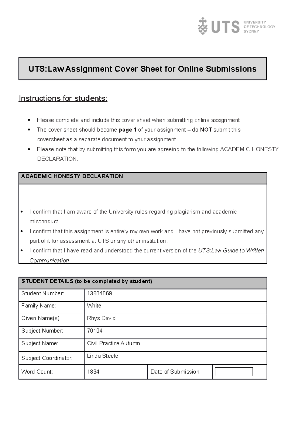 Assignment Final - UTS:Law Assignment Cover Sheet for Online ...
