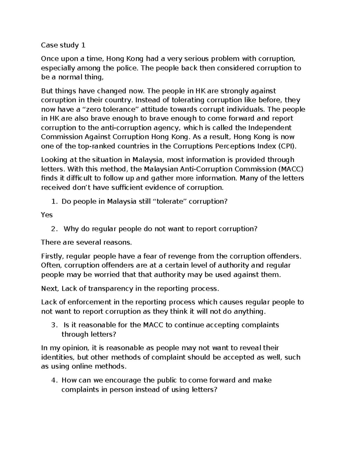 Integrity Case Study: Corruption in HK vs. Malaysia (Classwork, Sep 5 ...