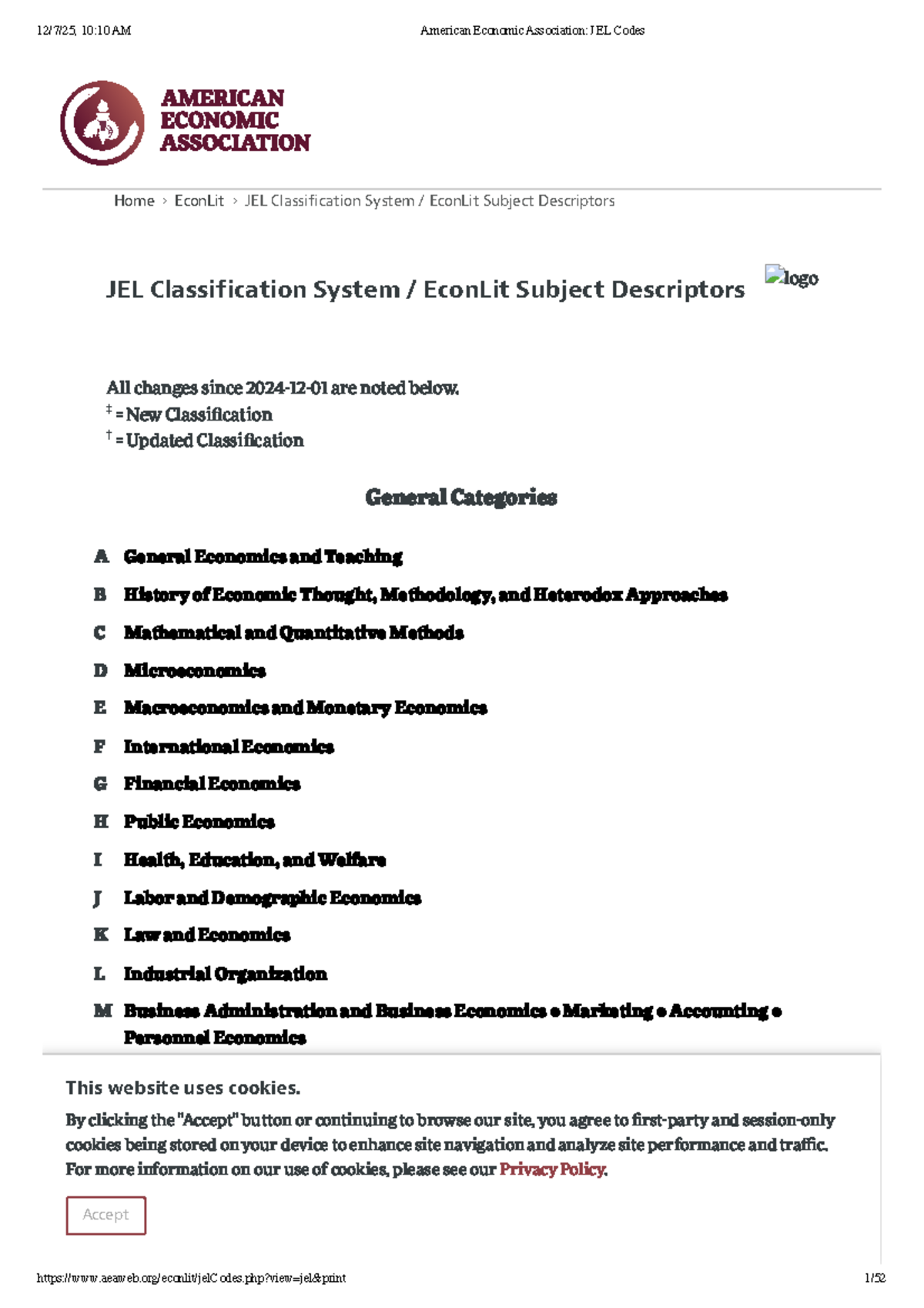 American Economic Association JEL Codes Overview and Classification ...