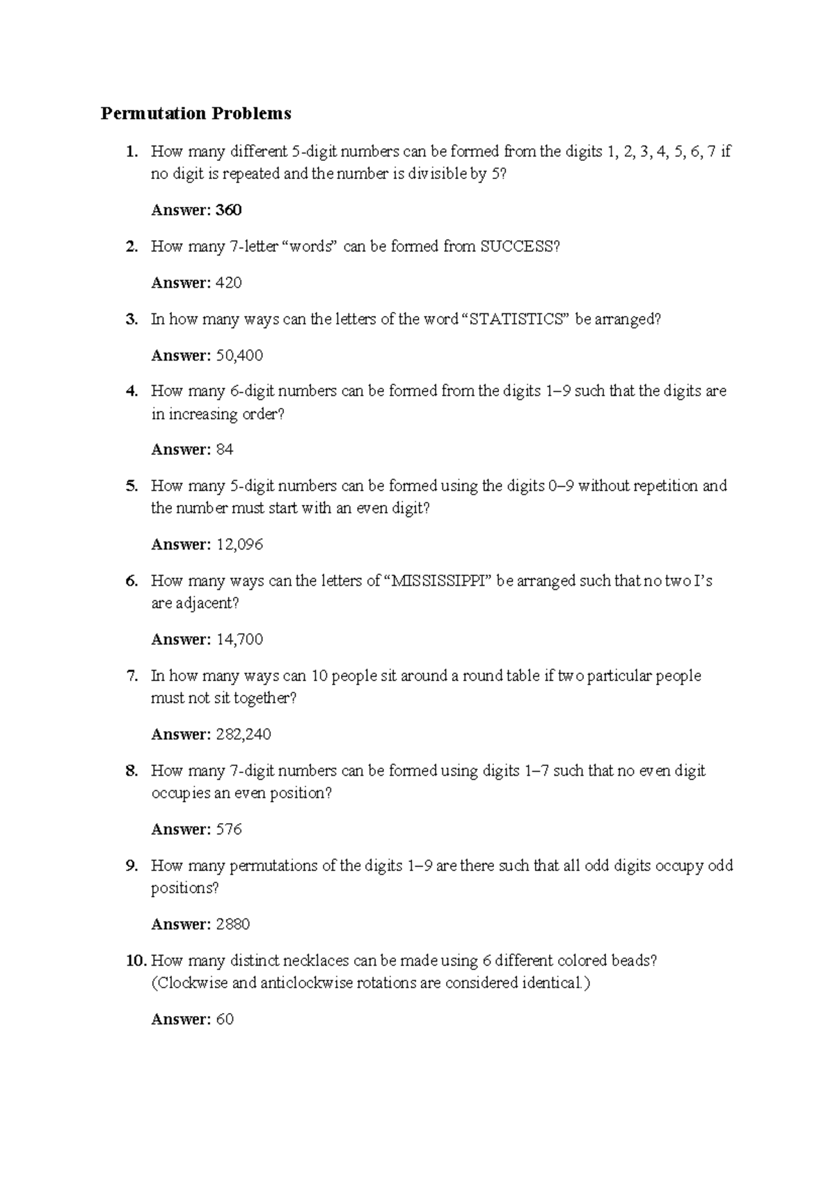 Permutations & Combinations Problem Sheet (Course Code: PC101) - Studocu