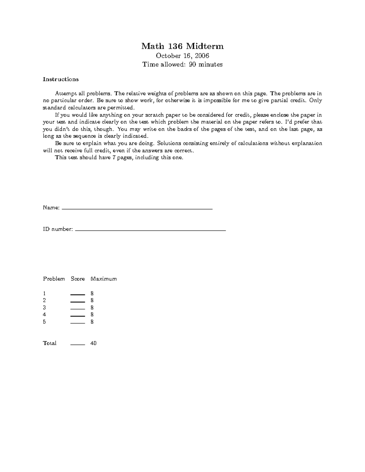Math 136 Fall 2006 Midterm Practice Exam Questions and Instructions ...