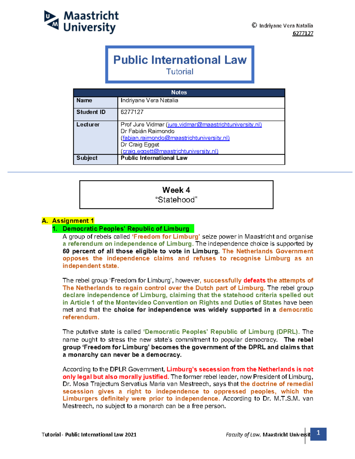 **Public International Law (PIL) Tutorial: Week 4 Analysis of Statehood ...
