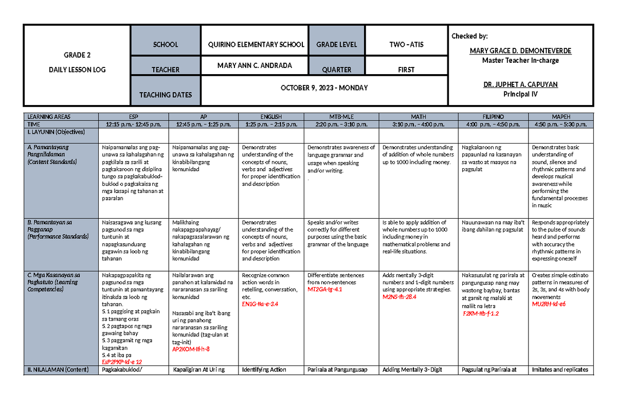 Grade 2 Daily Lesson Log (DLL) Q1 Week 7: Oct 9-13, 2023 - Studocu