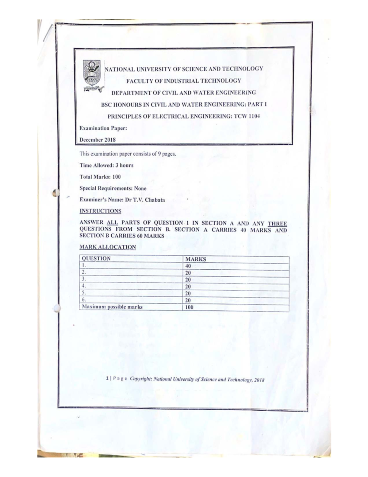 TCW 1104 Principles of Electrical Engineering Final Exam Paper - Dec ...