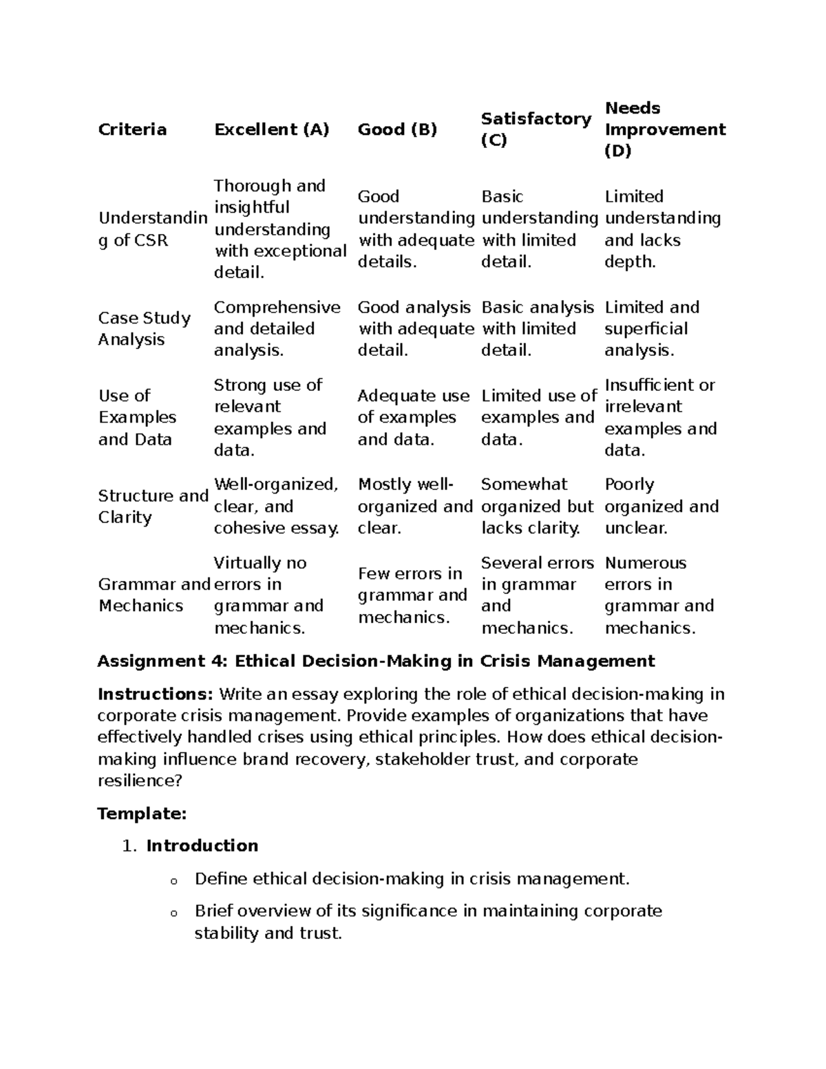 Ethical Decision-Making in Crisis Management - Criteria Excellent (A ...