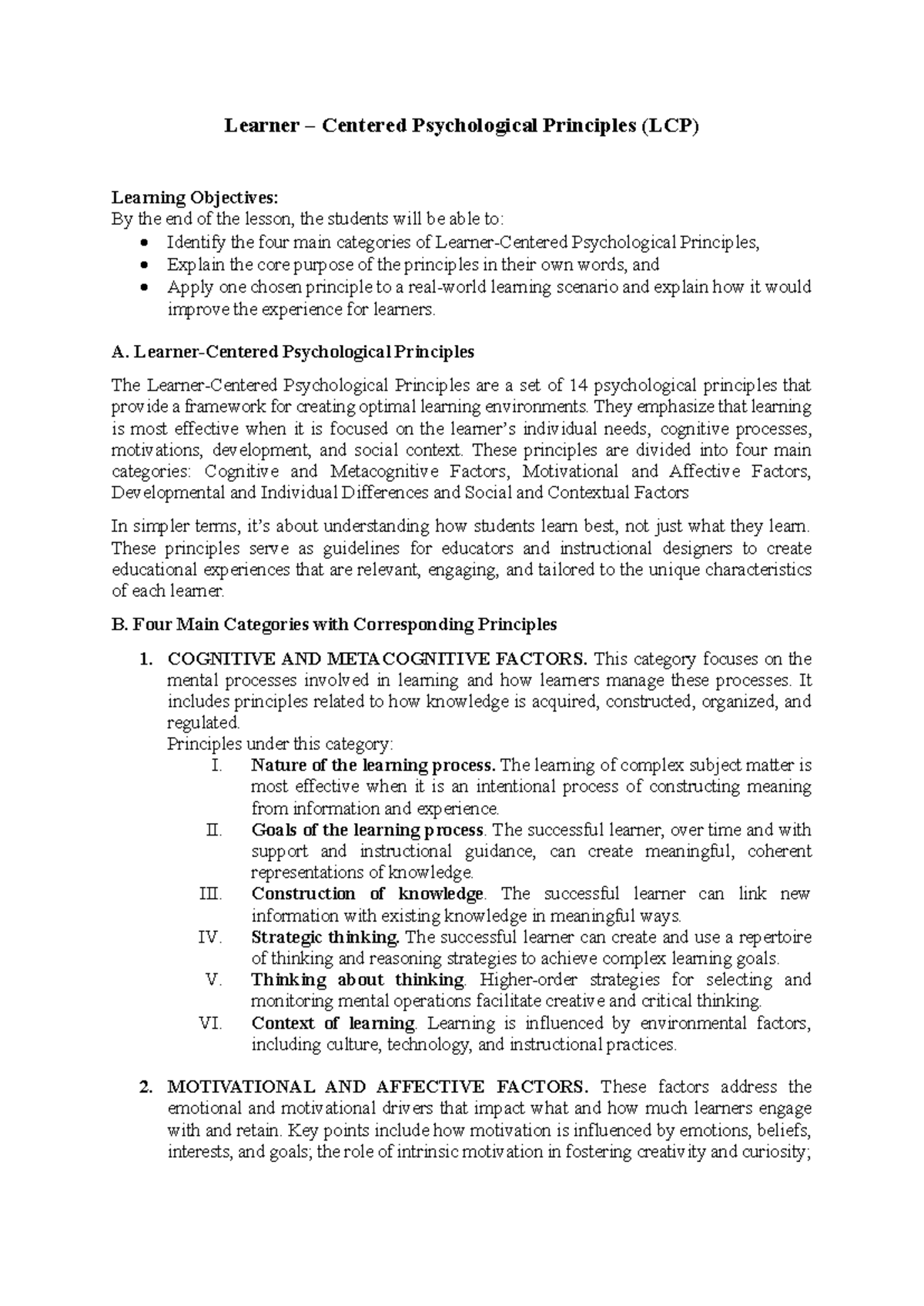 LCP Learning Objectives: Understanding Psychological Principles for ...