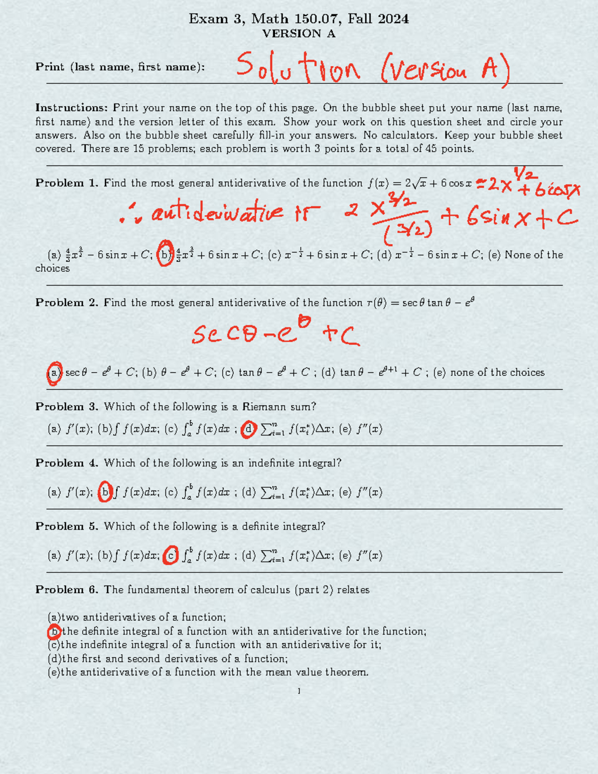 Exam 3 Solutions, Math 150.07, Fall 2024 - Version A - Studocu