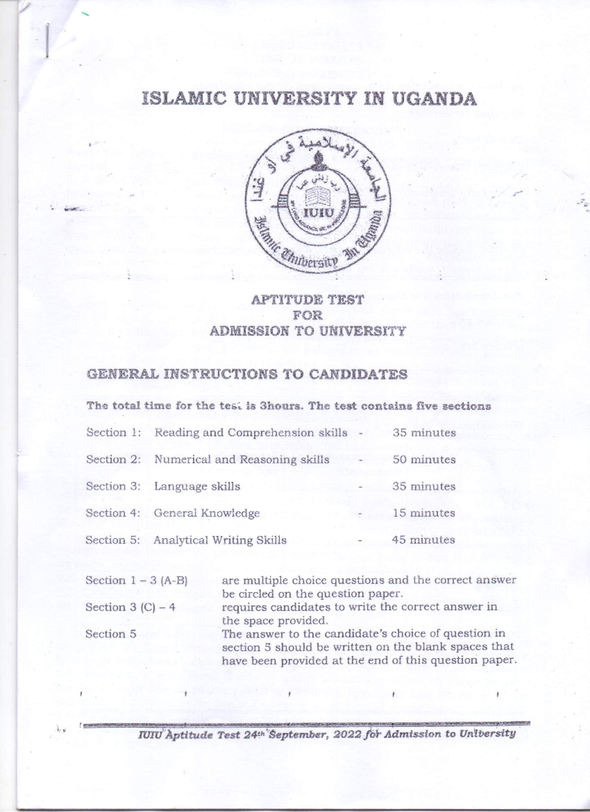 IUIU Aptitude Test Guidelines for Admission - September 24, 2022 - Studocu