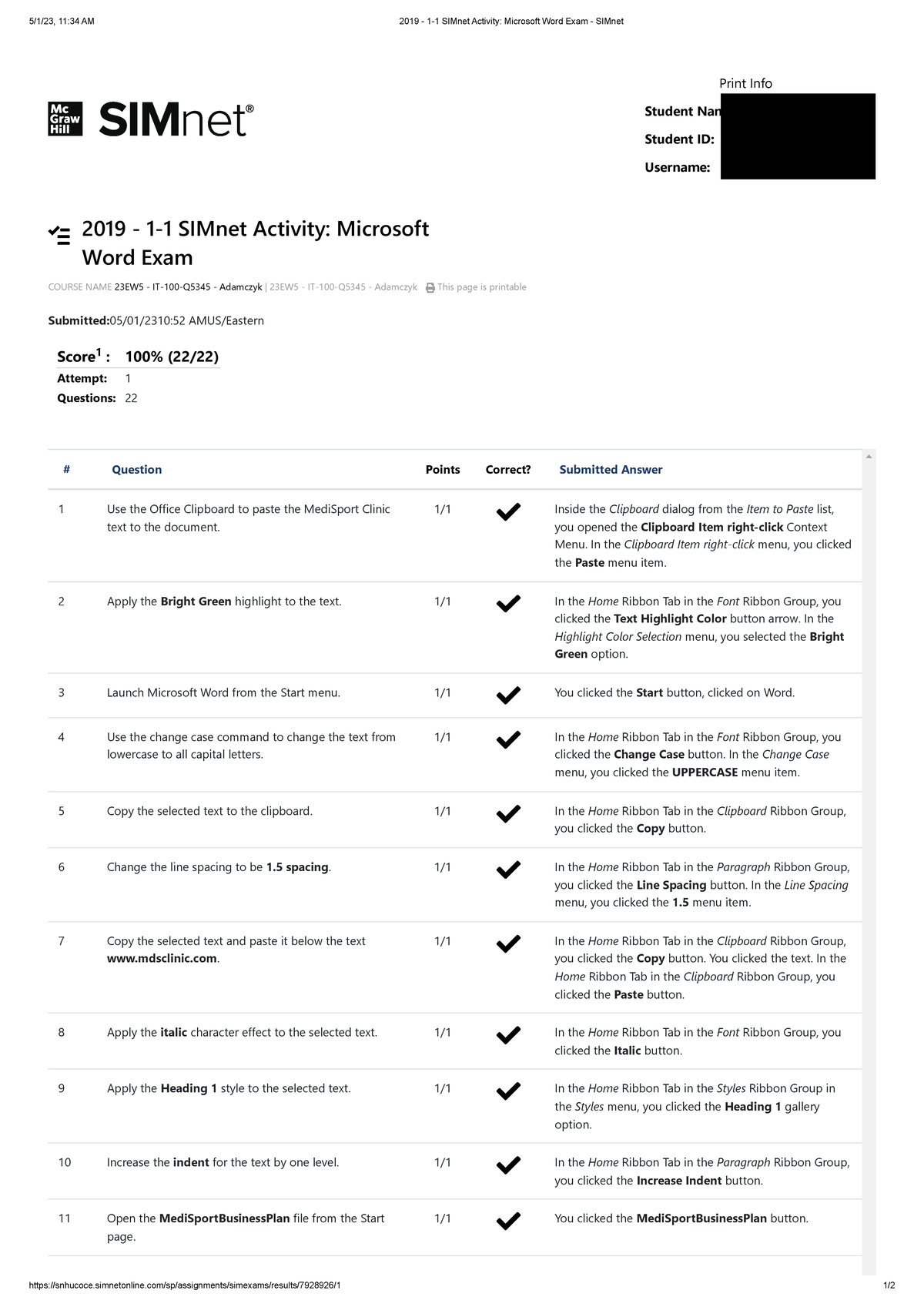 2019 - SIMnet Activity: Microsoft Word Exam Results for IT-100-Q5345 ...