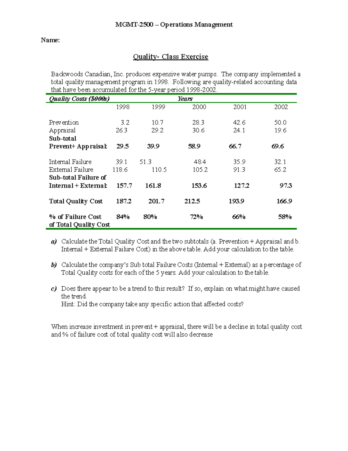MGMT-2500 - Quality Management Exercise: Chapter 6 Assignment - Studocu