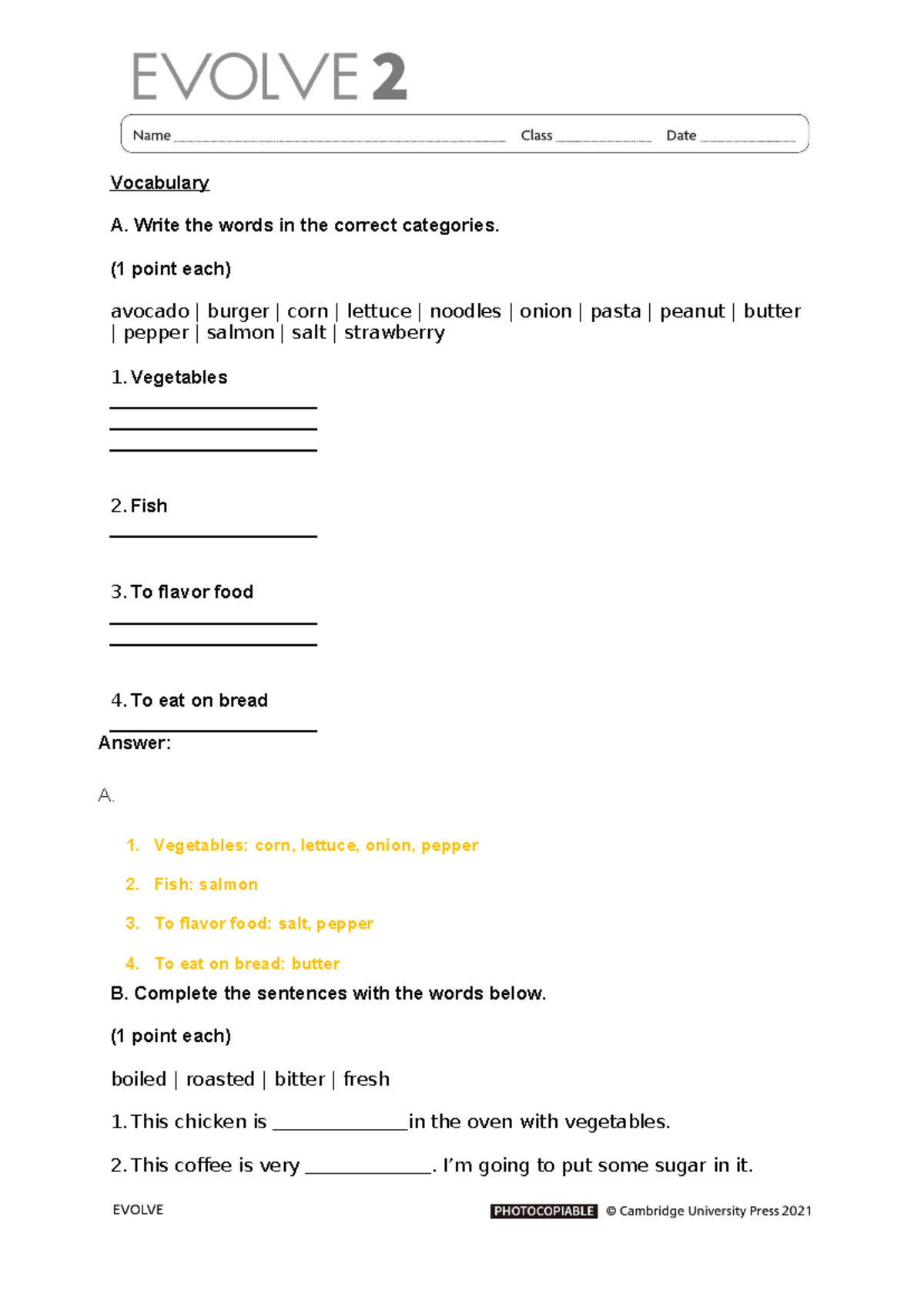 Evolve 2 Unit 7 Quiz Answers and Vocabulary Categories - Studocu