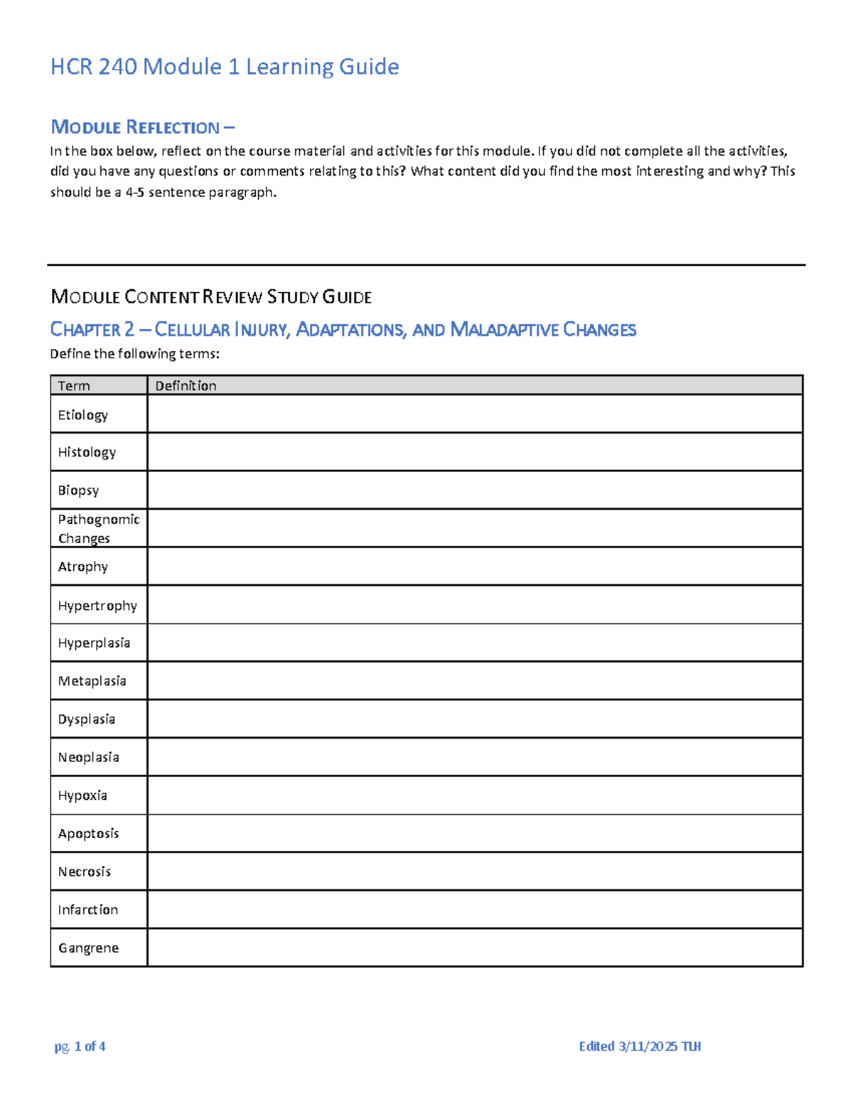 HCR 240 Module 1 Learning Guide: Reflection & Study Content - Studocu