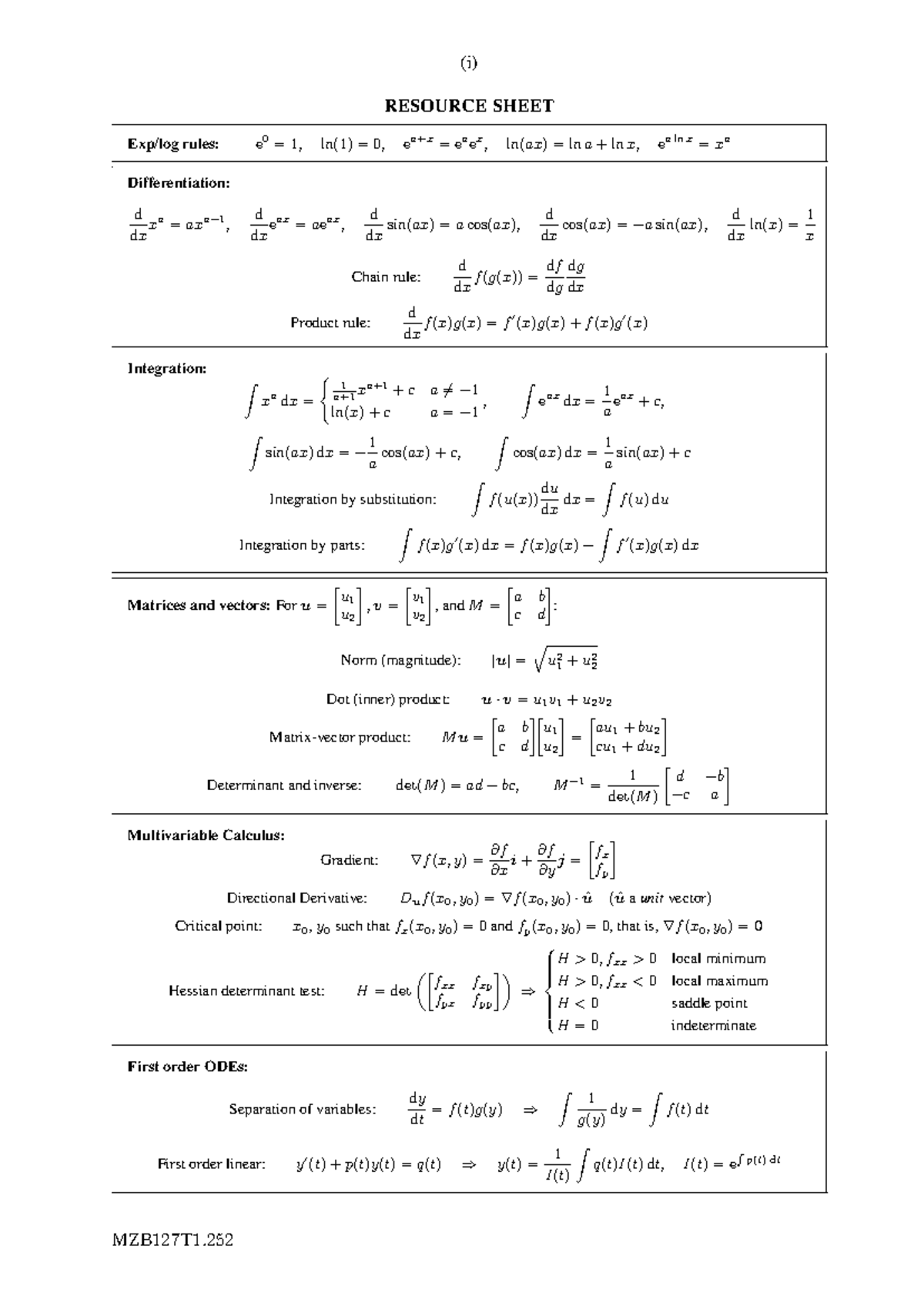 MZB127T1.252 Formula Sheet: ODEs, Integration, and Probability Rules ...