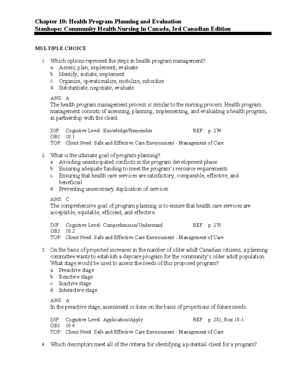 C10 - Health Program Planning and Evaluation Test Bank Questions - Studocu