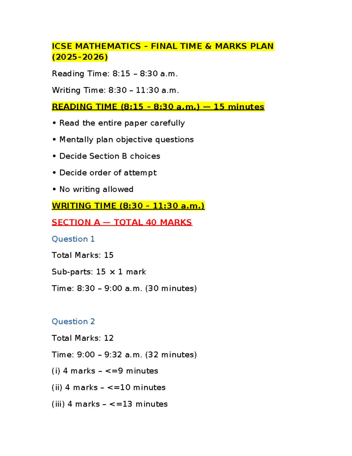 ICSE MATHS FINAL TIME & MARKS PLAN WITH BUFFER 2025-2026 - Studocu
