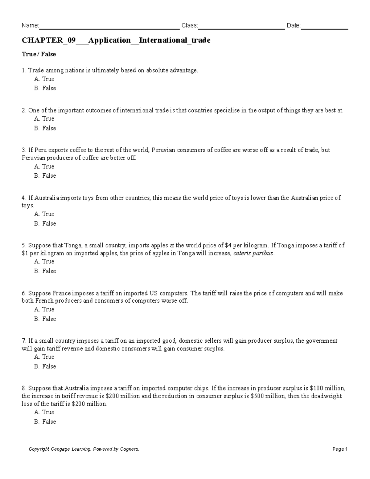 Practice Test Questions for International Trade - Chapter 09 - Studocu