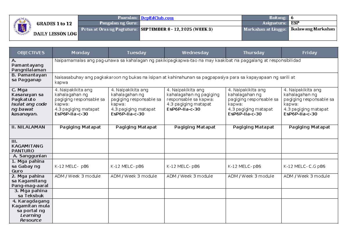 DLL ESP 6 Q2 W3 - Daily Lesson Log Objectives and Activities - Studocu