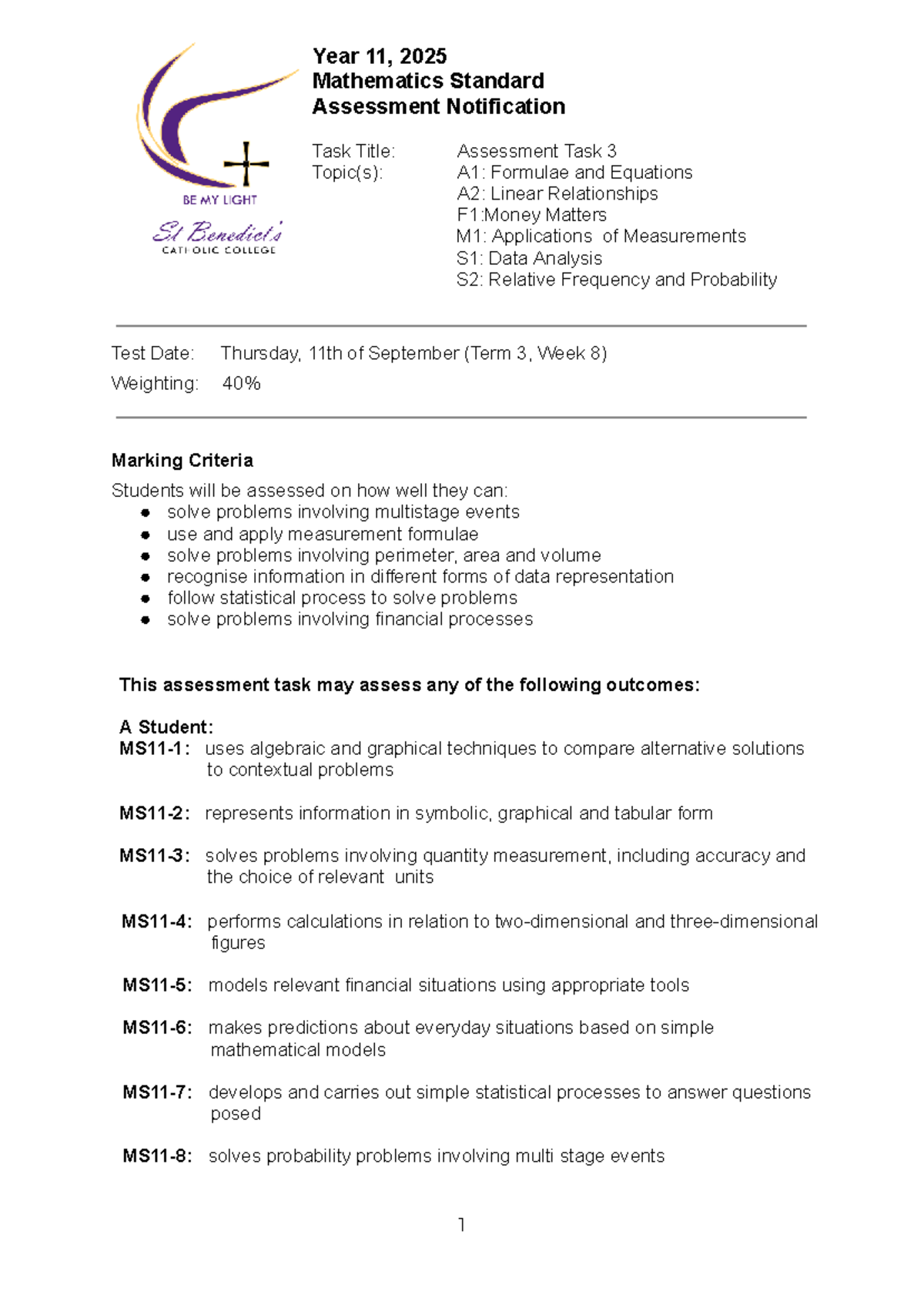 2025 Year 11 Mathematics Standard Task 3 - Assessment Notification ...