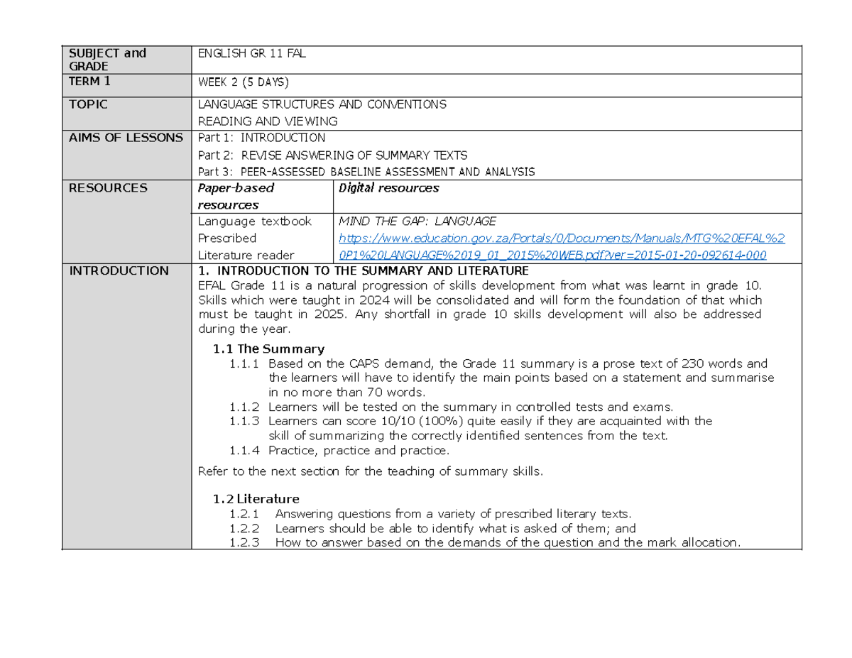 English FAL Grade 11 Term 1 Week 2 2021 - SUBJECT and GRADE ENGLISH GR ...