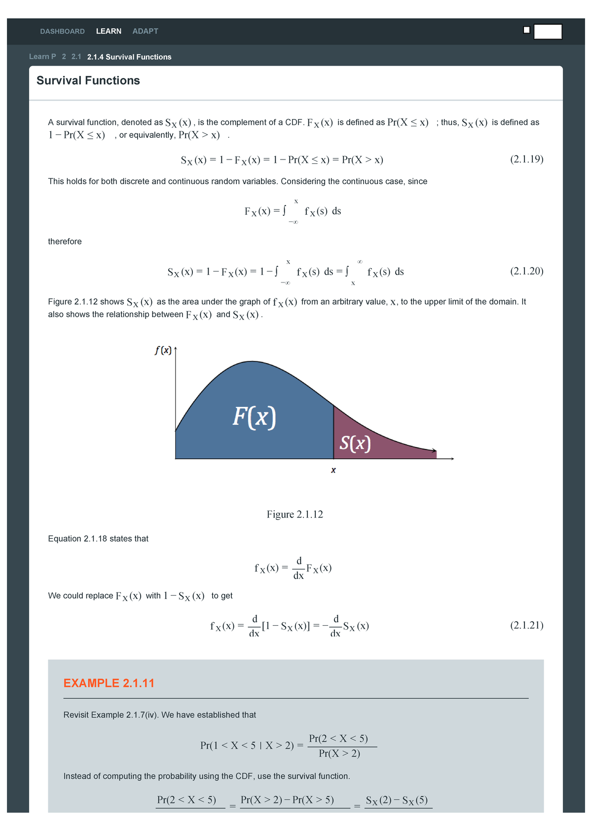 11. Survival Functions - DASHBOARD LEARN ADAPT Learn P 2 2 2.1 Survival ...