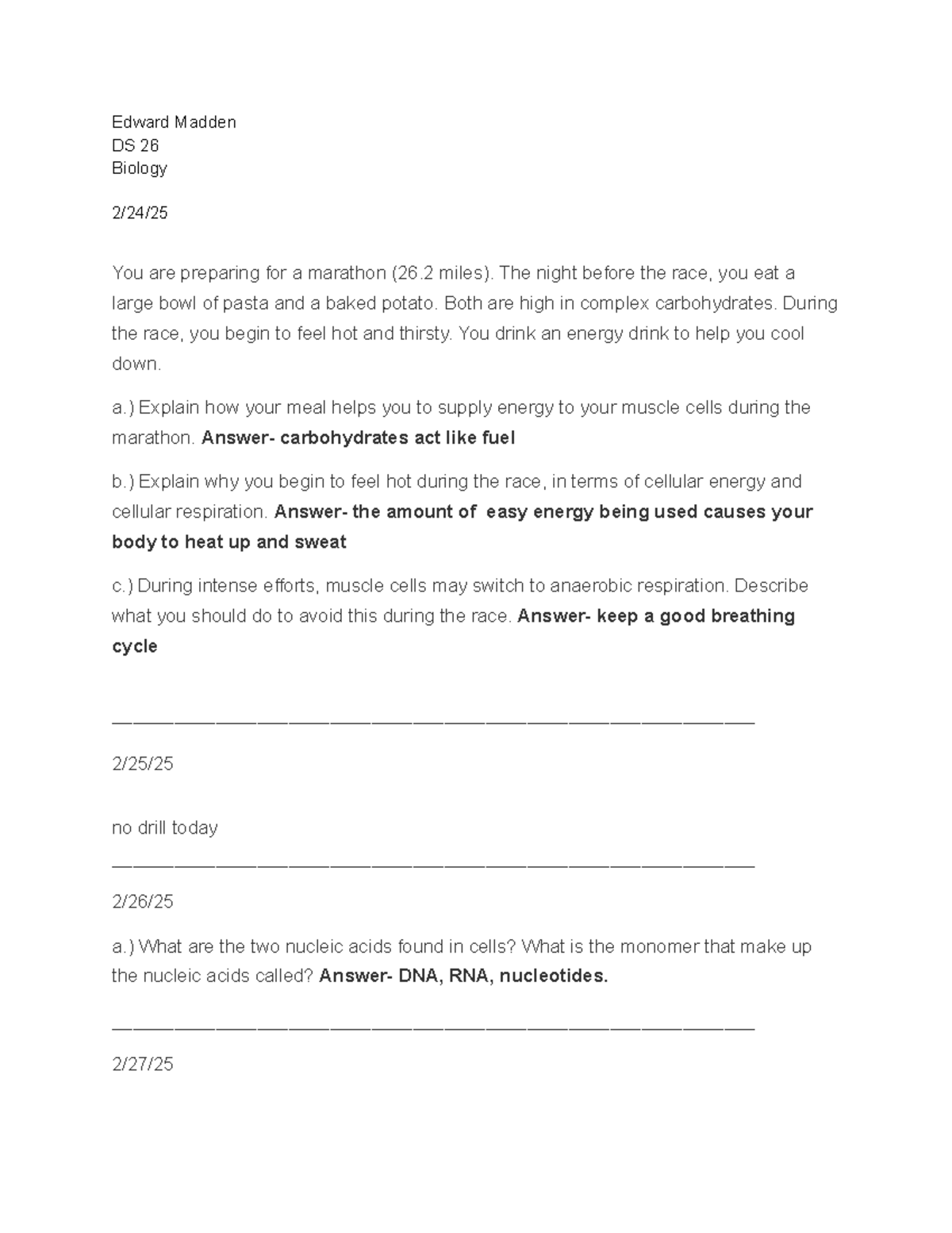 DS 26 - answers for drill set 26 - Edward Madden DS 26 Biology 2/24 ...