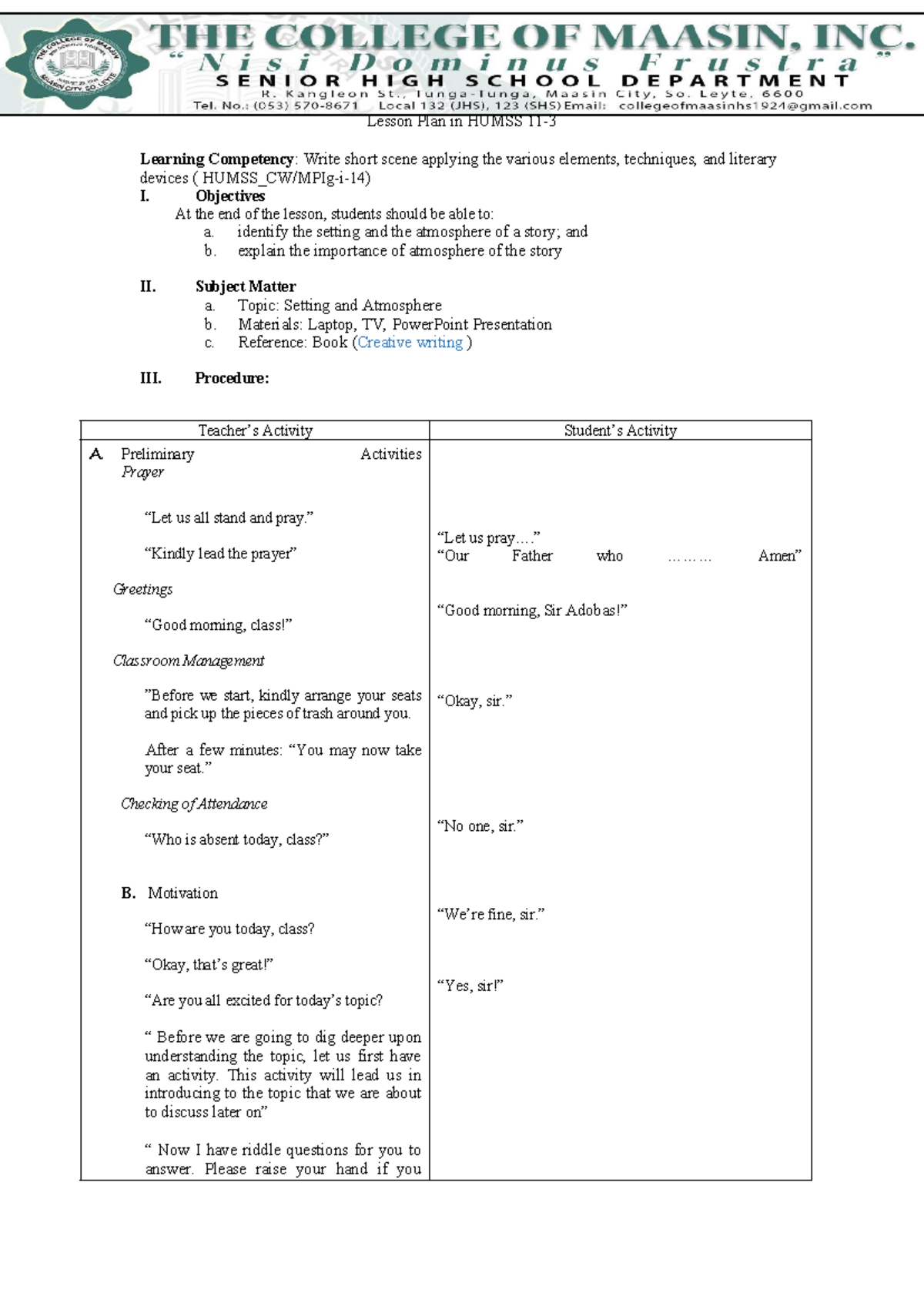 HUMSS Lesson Plan: Exploring Setting and Atmosphere in Literature - Studocu
