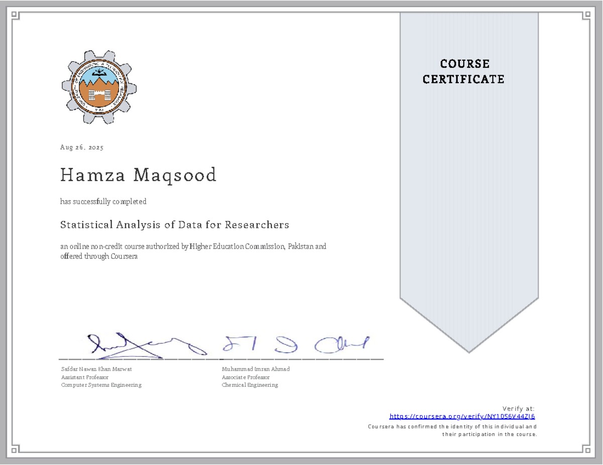 Statistical Analysis Course Completion - NY10S6V44ZJ6 - Studocu