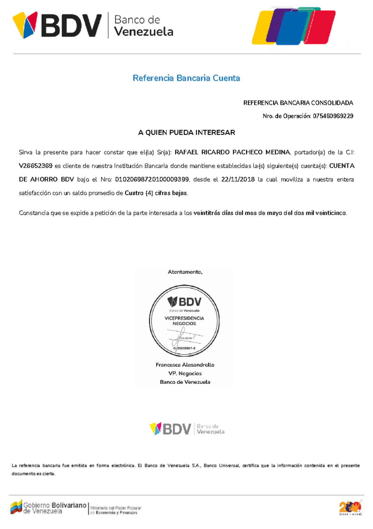 Referencia Bancaria BDV - Cliente Rafael Pacheco - C.I. V26652369 - Document Preview