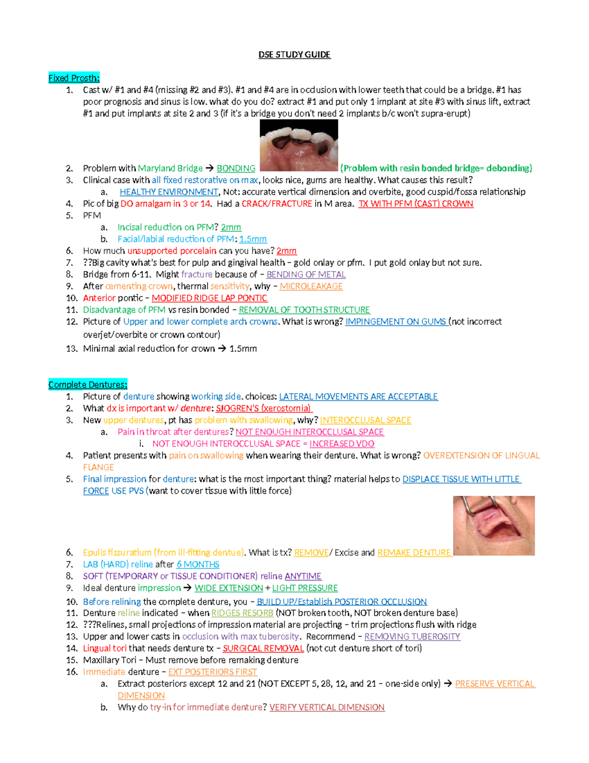 DSE Study Guide - lecture notes - DSE STUDY GUIDE Fixed Prosth: 1. Cast ...