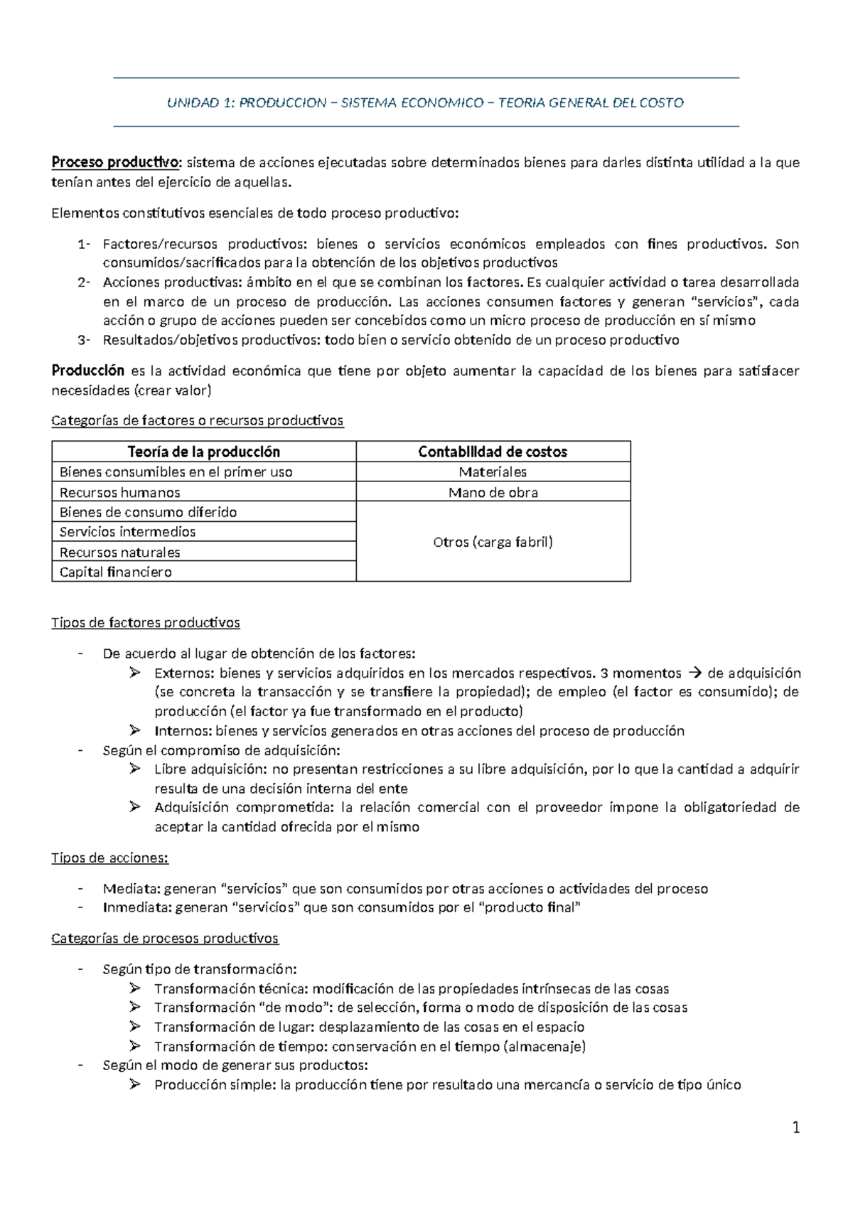 Resumen de Costos: Unidad 1 - Producción y Teoría General del Costo ...