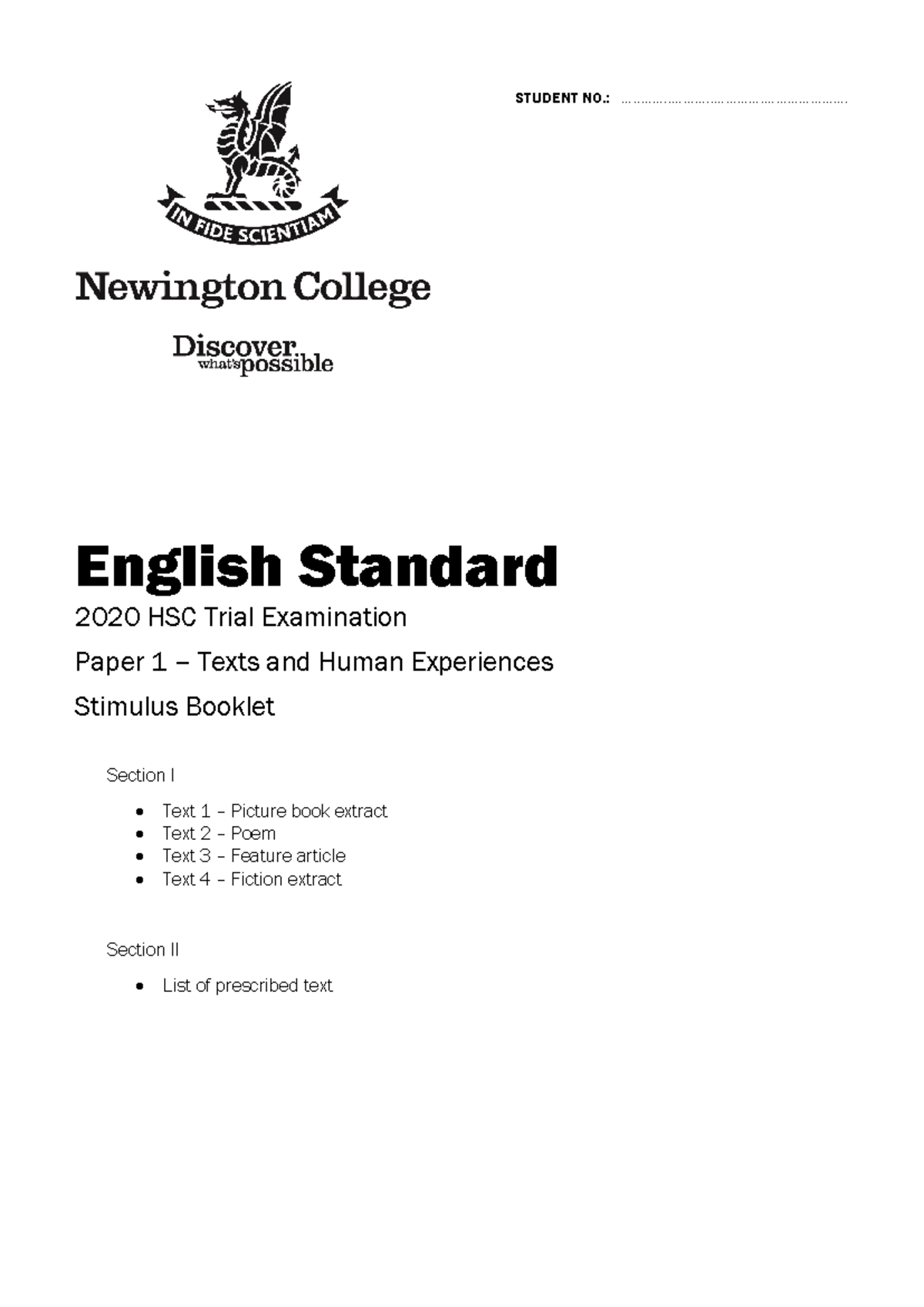 English Standard 2020 HSC Trial Exam - Paper 1 Stimulus Booklet - Studocu