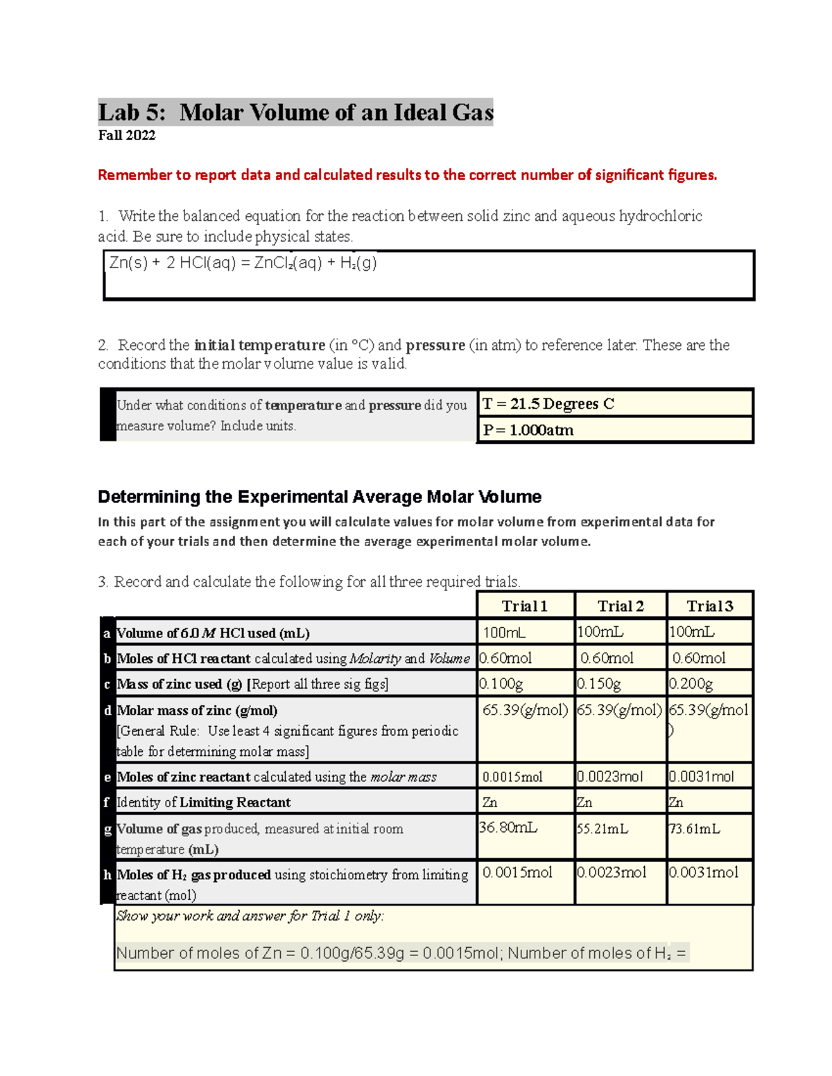 Molar Volume Of A Gas Lab Report