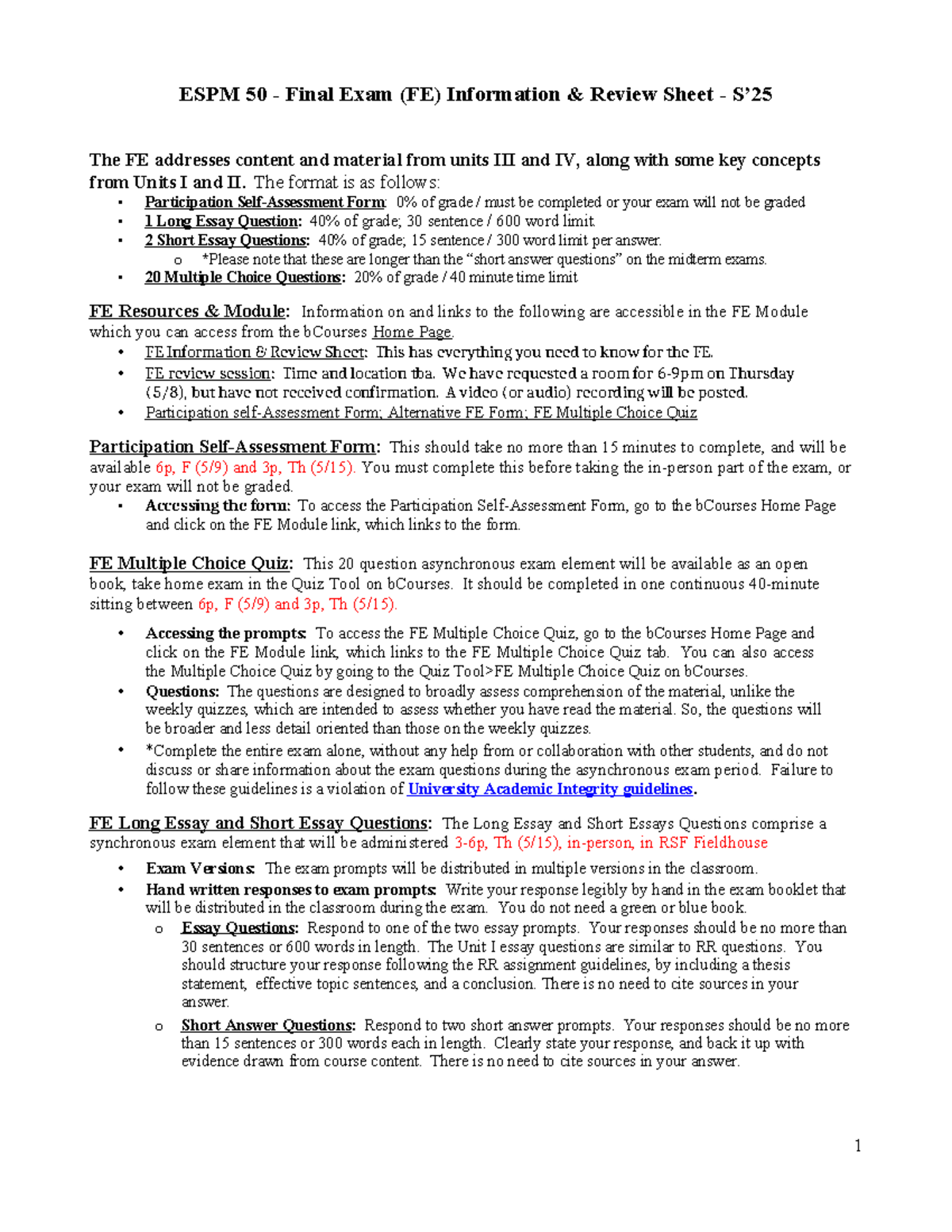 ESPM 50 Final Exam Review Sheet - Spring 2025 - Studocu
