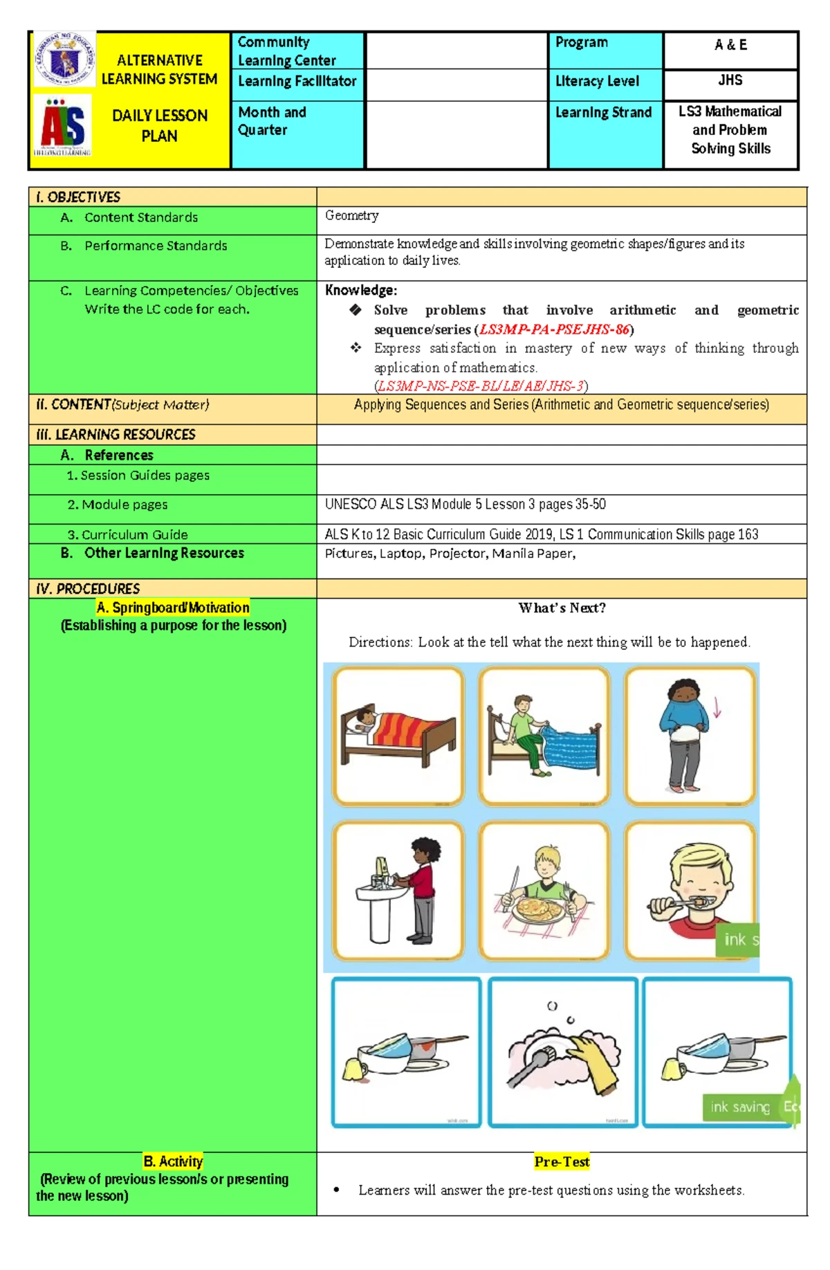 LS3 Math Daily Lesson Plan: Polynomials and Problem Solving - Studocu