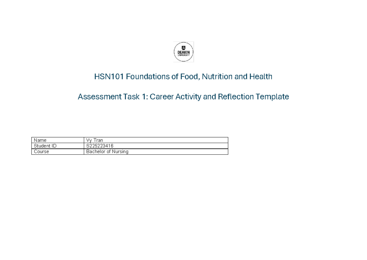 HSN101 Assessment Task 1: Career Reflection & RN Role Analysis - Studocu