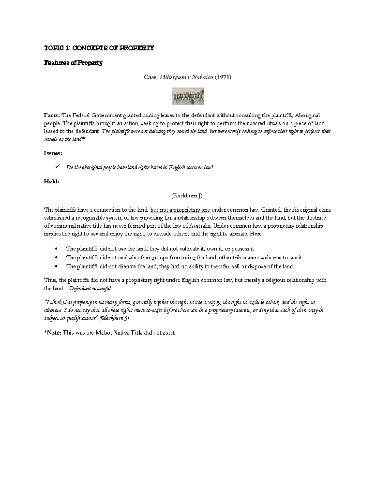 LLB204 Case Summary: Concepts of Property and Native Title - Studocu