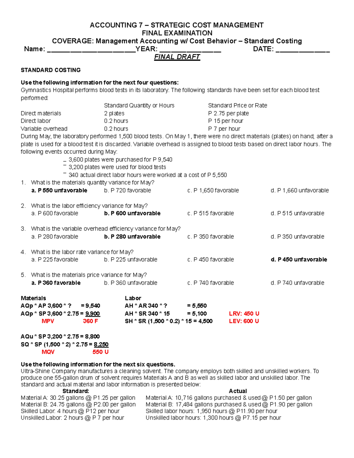 ACCOUNTING 7 STRATEGIC COST MANAGEMENT FINAL EXAM REVIEW - Studocu