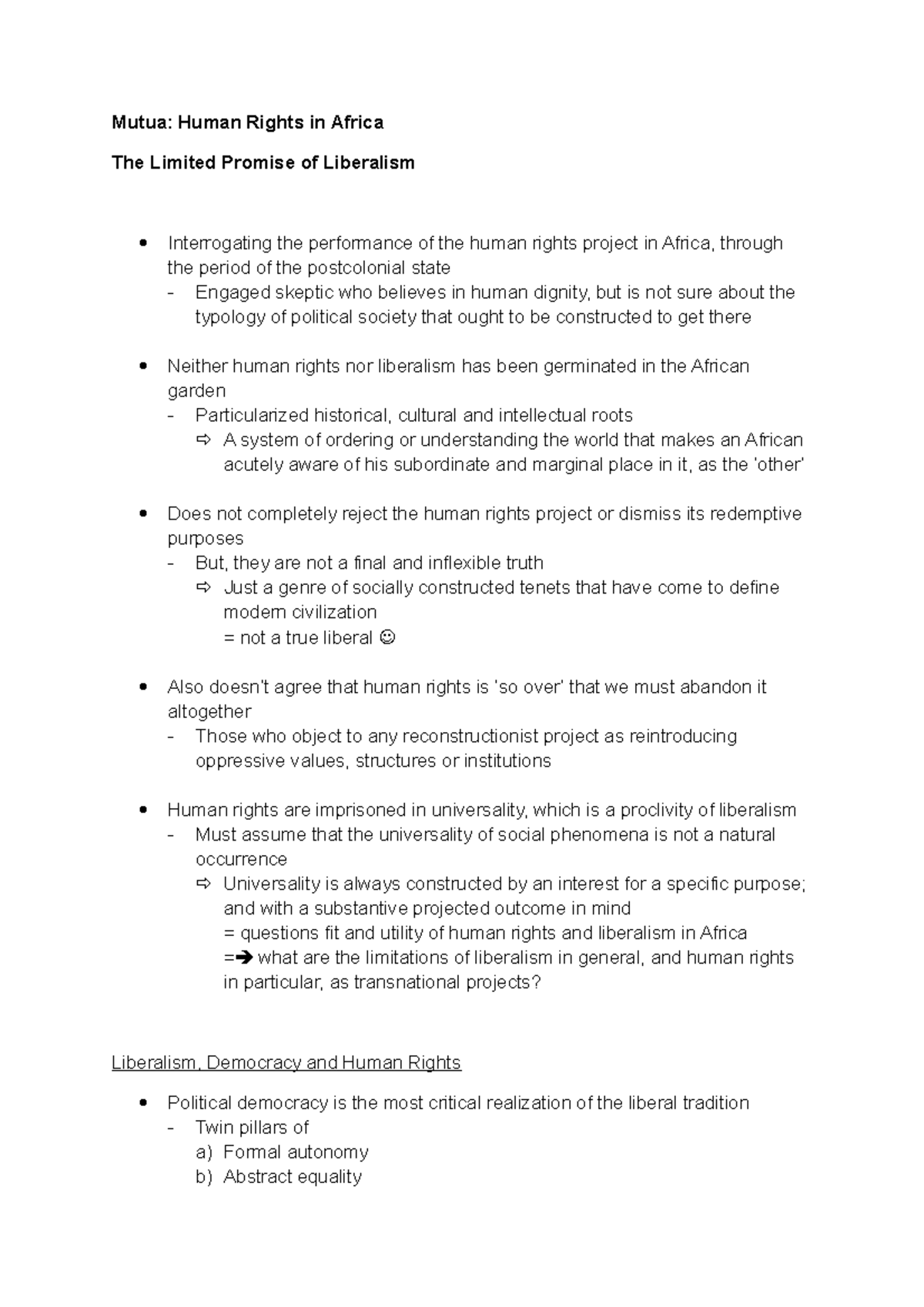 Mutua: Human Rights in Africa - The Limits of Liberalism Analysis - Studocu