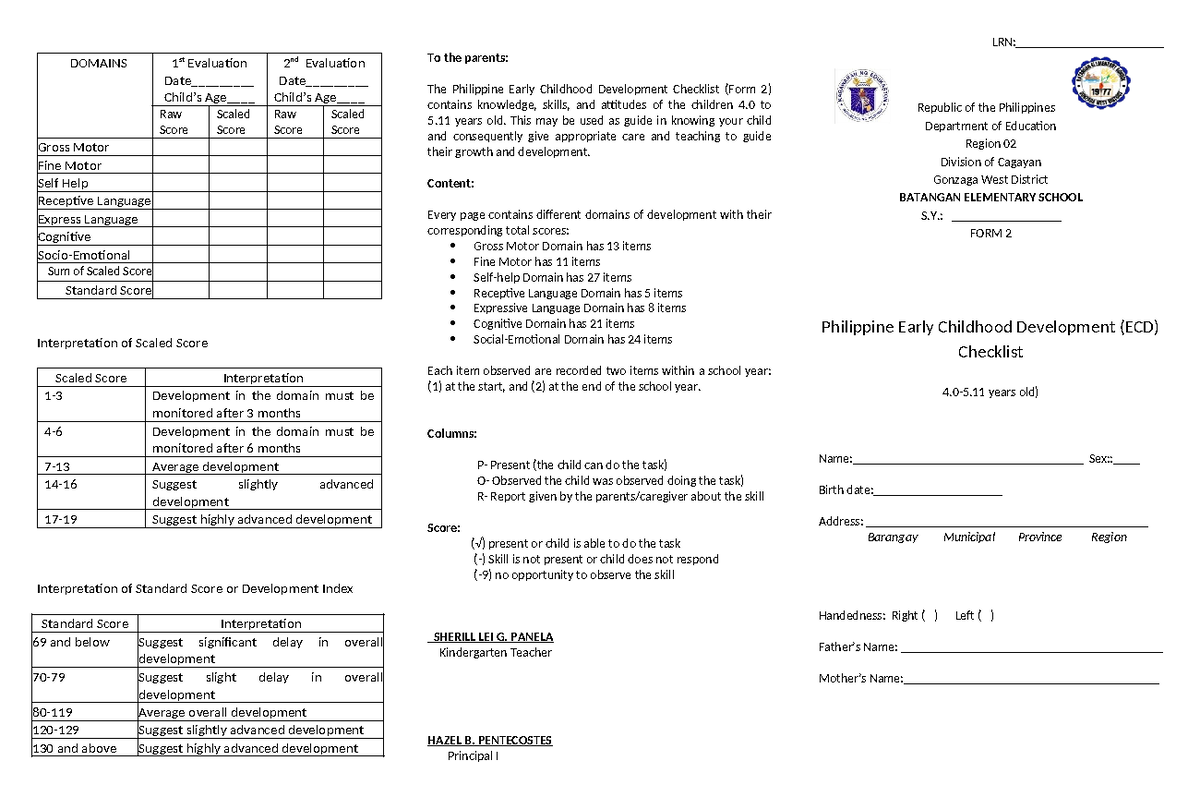 Philippine ECD Checklist (4-5 Years) - Evaluation Form 2 - Studocu