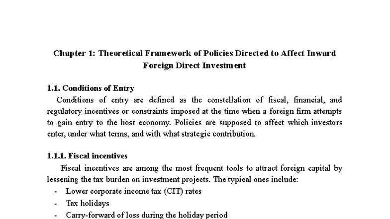 Chapter 1 & 2: FDI Policies & Framework for MNCs (Course Code: Btcn ...