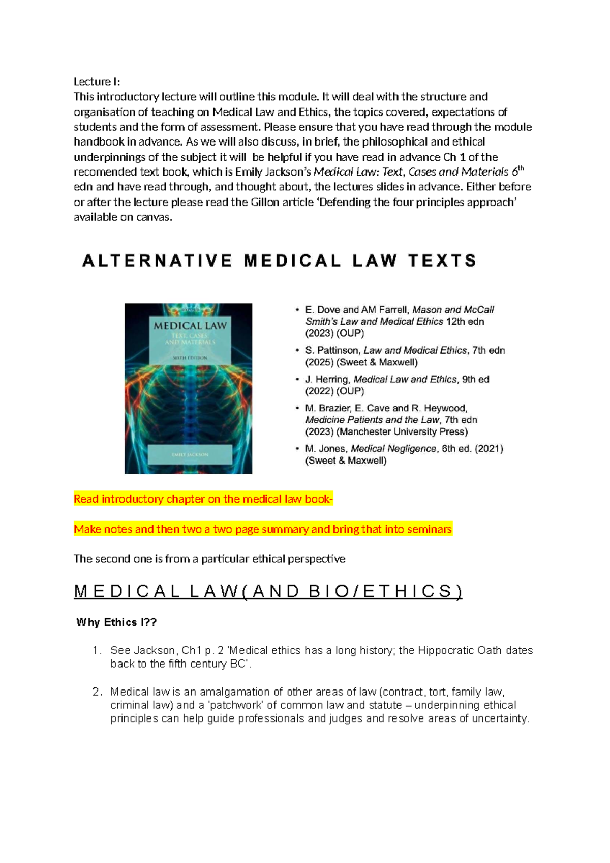 Medical Law & Ethics (MLE 101): Week 1 Lecture Overview and Guidance ...