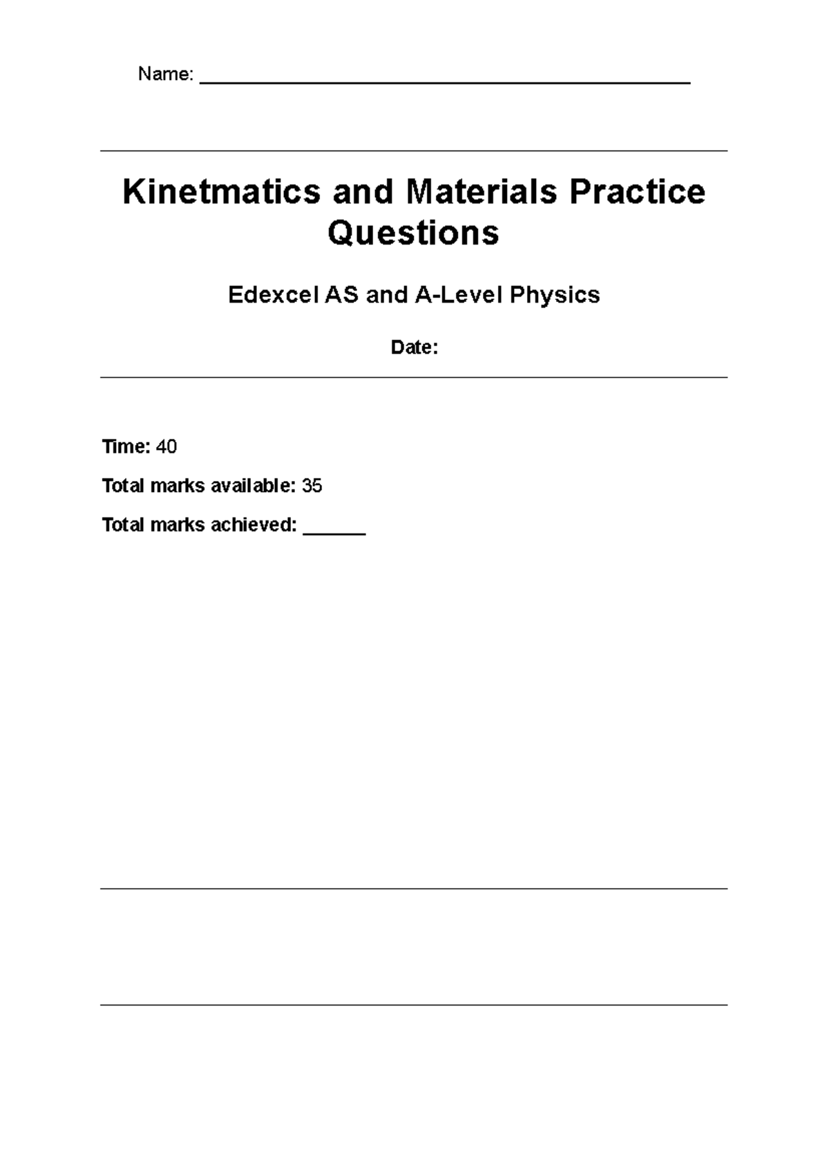 Kinematics and Materials Practice Questions Edexcel AS Physics - Studocu