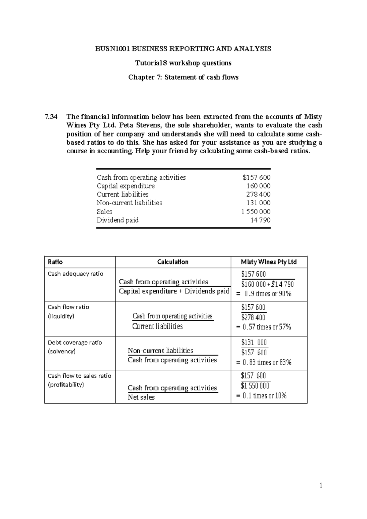 BUSN1001 Workshop 08: Cash Flow Statement Analysis and Ratios - Studocu