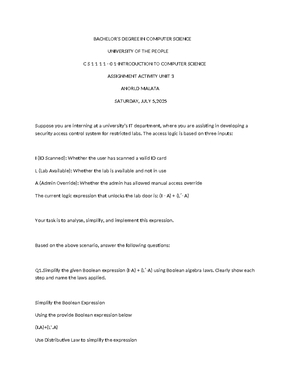C S 1110 Unit 3 Assignment: Boolean Expression Simplification - Studocu