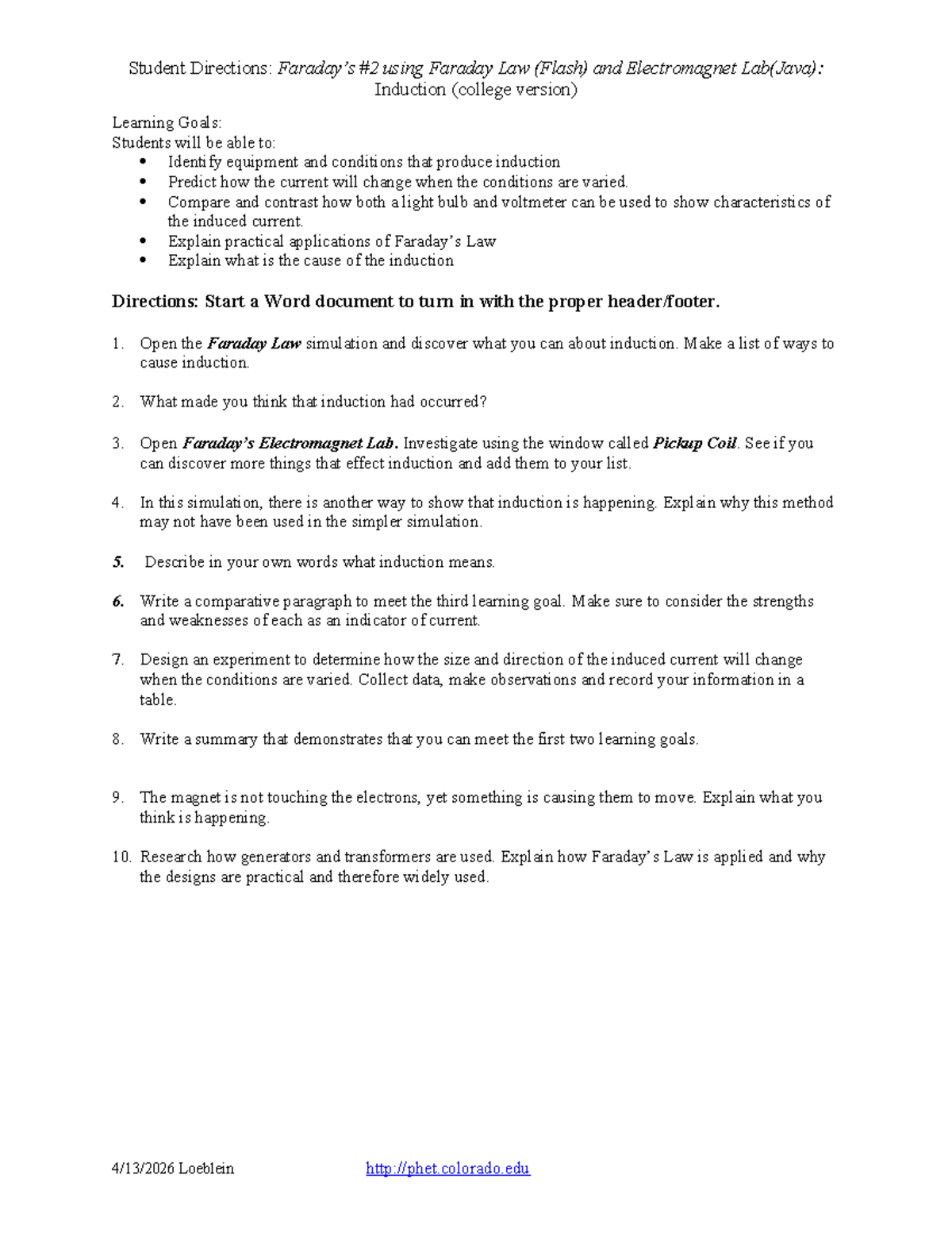 Faraday Law & Electromagnet Lab (College Version): Induction Guide ...